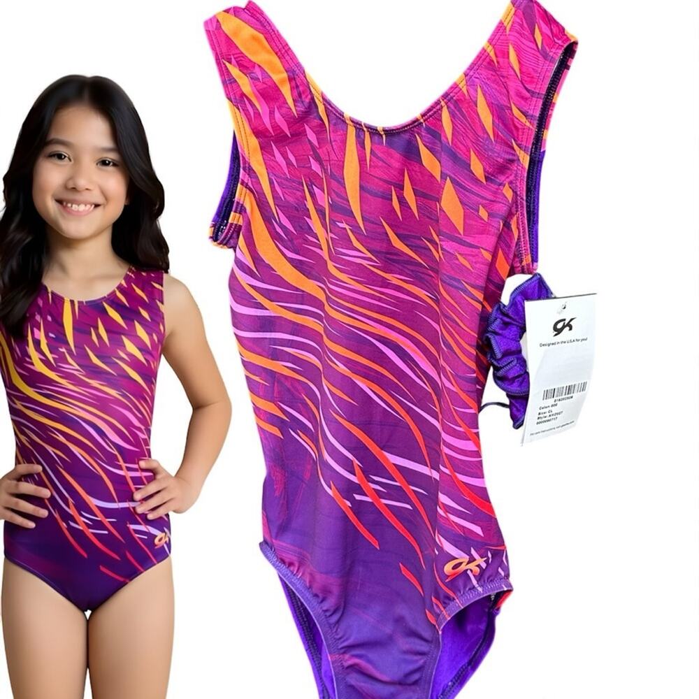 GK ELITE NWT Gymnastics Leotard ROYAL JESTER Show Stopper Purple Orange Child L